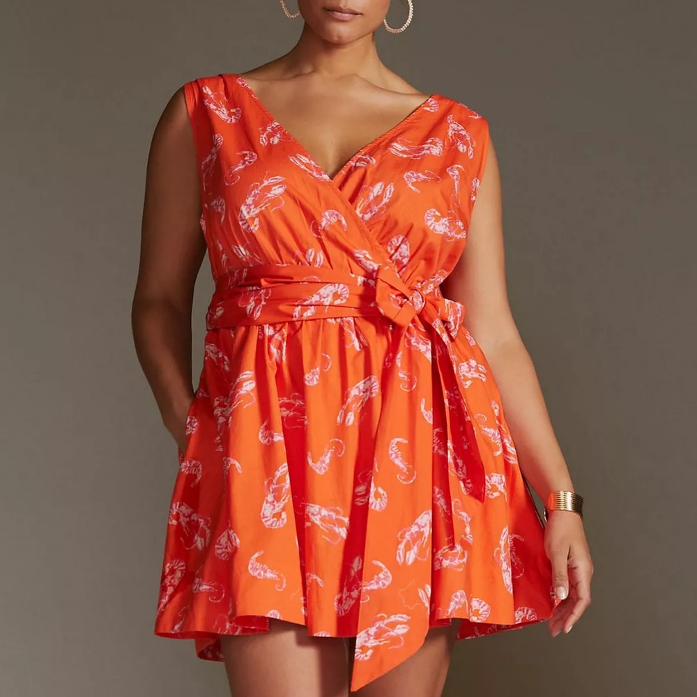 ANTHROPOLOGIE Maeve Mainely Lobster Wrap Dress Vibrant Orange Red‎ lobster S